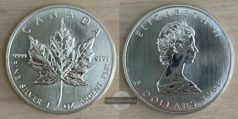  Kanada  5 Dollar  1988  Maple Leaf   FM-Frankfurt    Feinsilber: 31g   