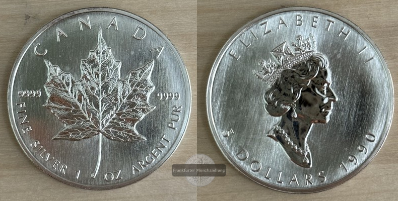  Kanada  5 Dollar 1990 Maple Leaf   FM-Frankfurt    Feinsilber: 31g   