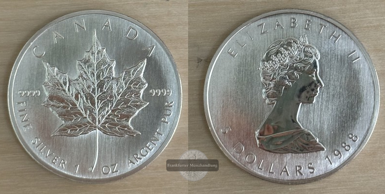  Kanada  5 Dollar  1988  Maple Leaf   FM-Frankfurt    Feinsilber: 31g   