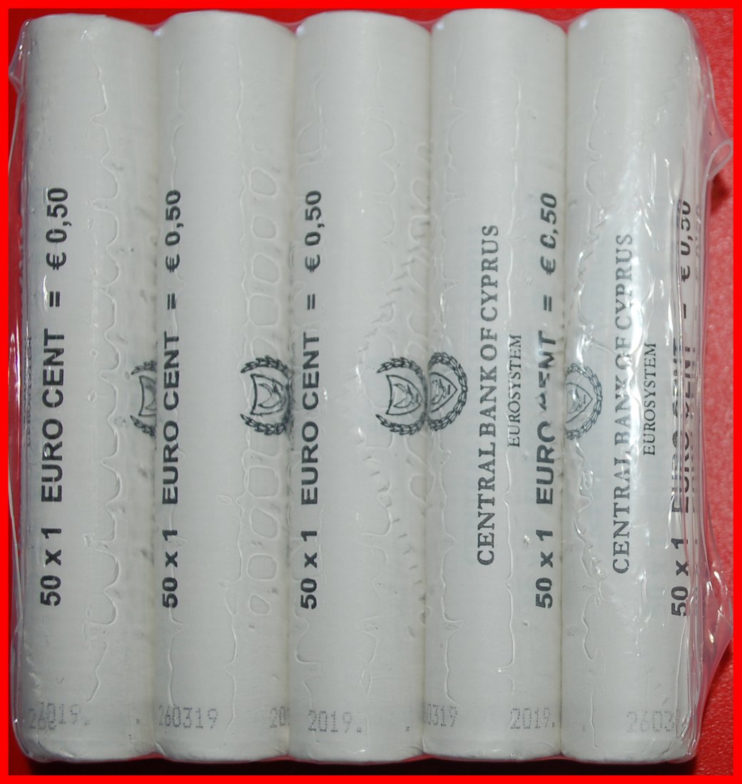  Ⰶ GREECE (2010-2024):CYPRUS★1 EURO CENT 2019 MOUFLON UNC 5 ROLLS (250 COINS)★LOW START ★ NO RESERVE!   