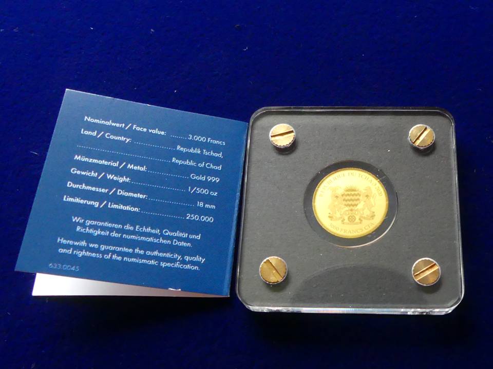  Mini-Goldmünze „Springbock“1/500 Unze 999er Gold Tschad 3000 Francs   