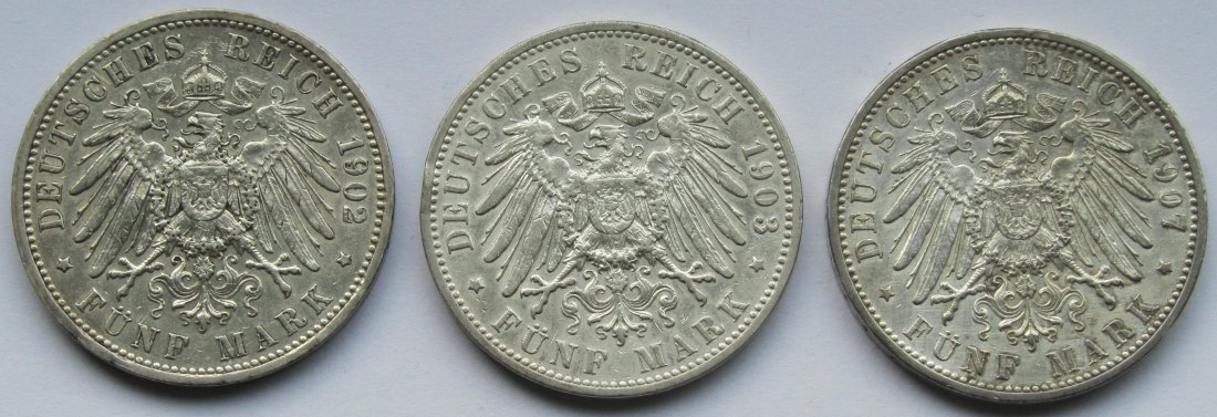  Kaiserreich: Baden, 5 Mark Friedrich I. (Jaeger 33), 3 Stück (1902 + 1903 + 1907)   