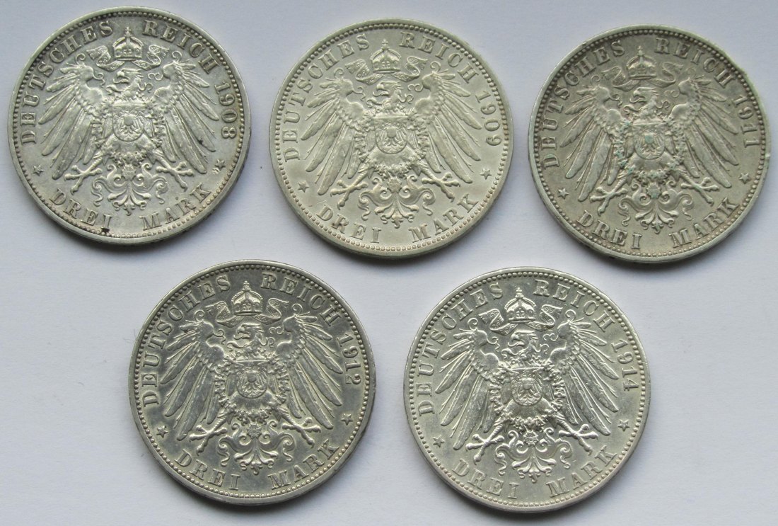  Kaiserreich: Baden, 3 Mark Friedrich II. (Jaeger 39), 5 Stück (1908 + 1909 + 1911 + 1912 + 1914)   