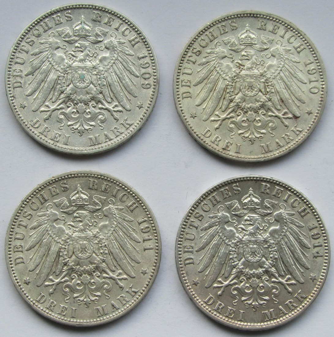  Kaiserreich: Hamburg, 3 Mark (Jaeger 64), 4 Stück (1909 + 1910 + 1911 + 1914)   