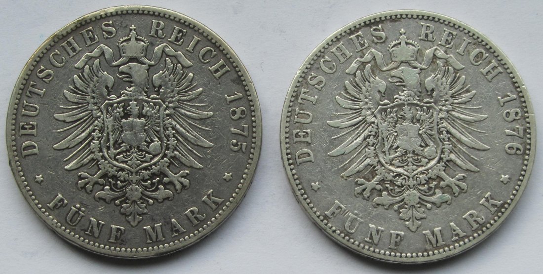  Kaiserreich: Hamburg, 5 Mark (Jaeger 62), 2 Stück (1875 + 1876)   