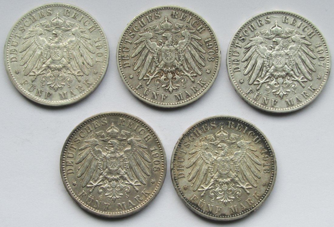  Kaiserreich: Hamburg, 5 Mark (Jaeger 65), 5 Stück (1901 + 1903 + 1907 + 1908 + 1913)   