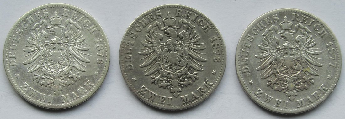  Kaiserreich: Preußen, 2 Mark Wilhelm I. (Jaeger 96), 3 Stück (1876 B + 1876 C + 1877 A)   