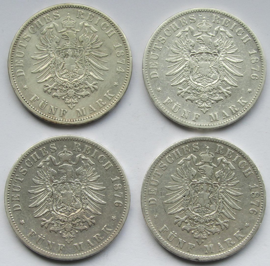  Kaiserreich: Preußen, 5 Mark Wilhelm I. (Jaeger 97), 4 Stück (1874 A + 1876 A + 1876 B + 1876 C)   