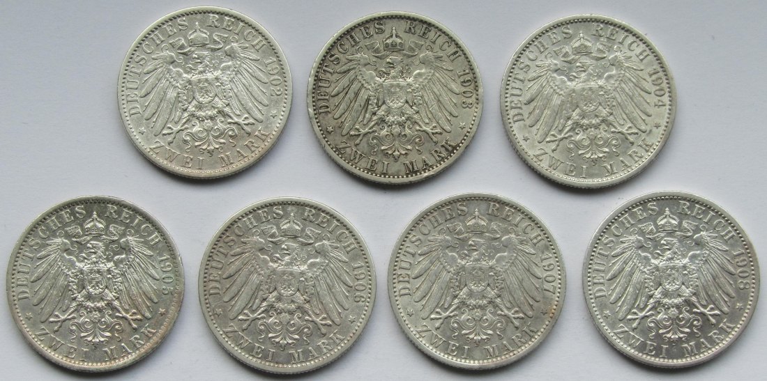  Kaiserreich: Preußen, 2 Mark Wilhelm II. (Jaeger 102), 7 Stück (1902-1908)   