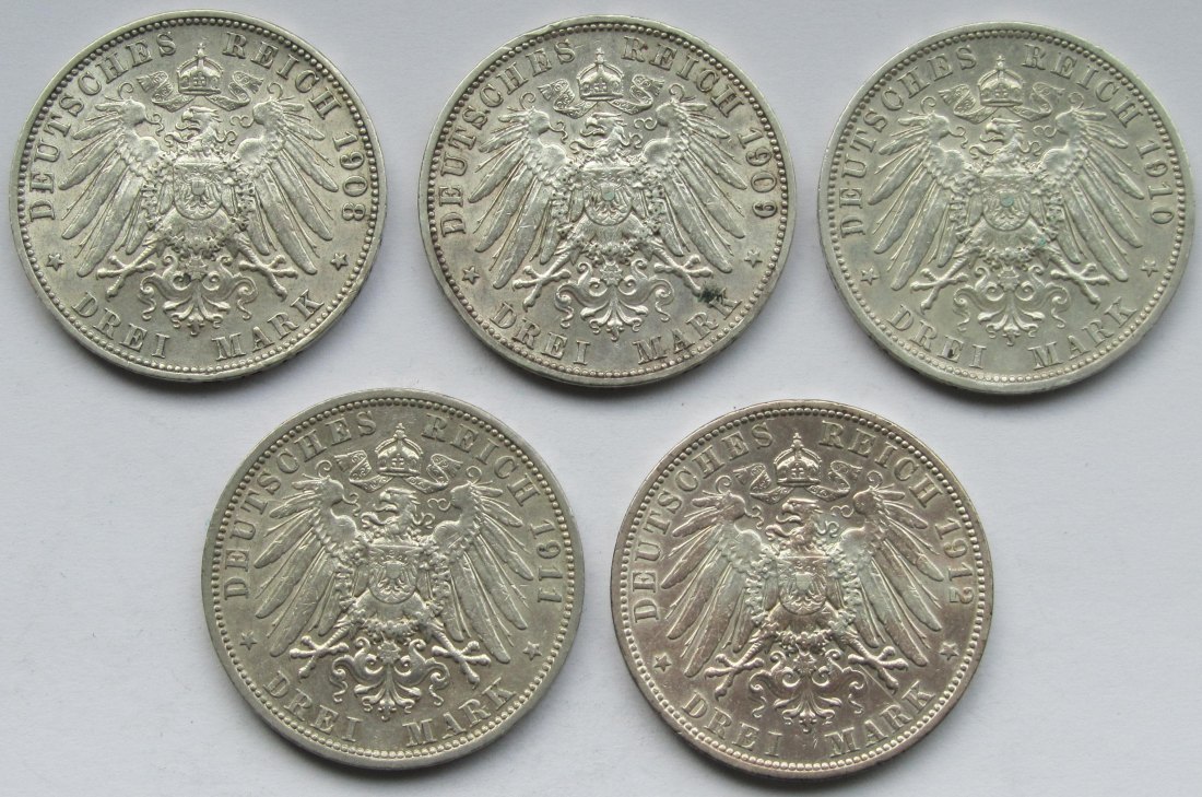  Kaiserreich: Preußen, 3 Mark Wilhelm II. (Jaeger 103), 5 Stück (1908-1912)   