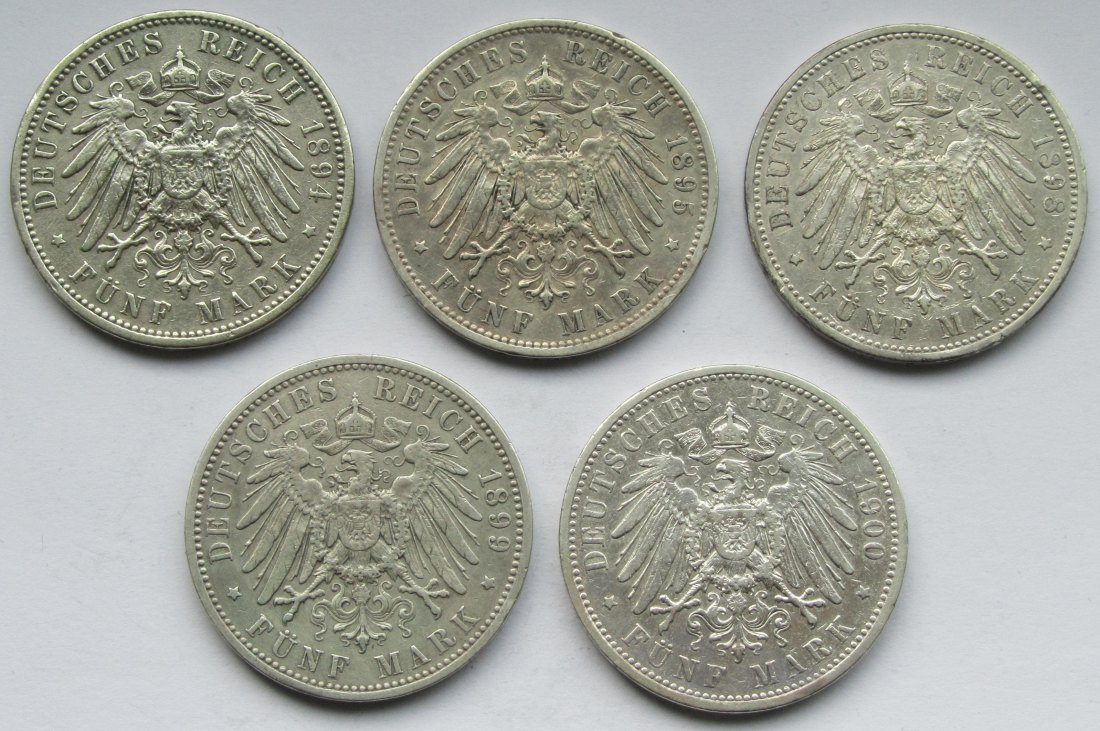  Kaiserreich: Preußen, 5 Mark Wilhelm II. (Jaeger 104), 5 Stück (1894 + 1895 + 1898 + 1899 + 1900)   