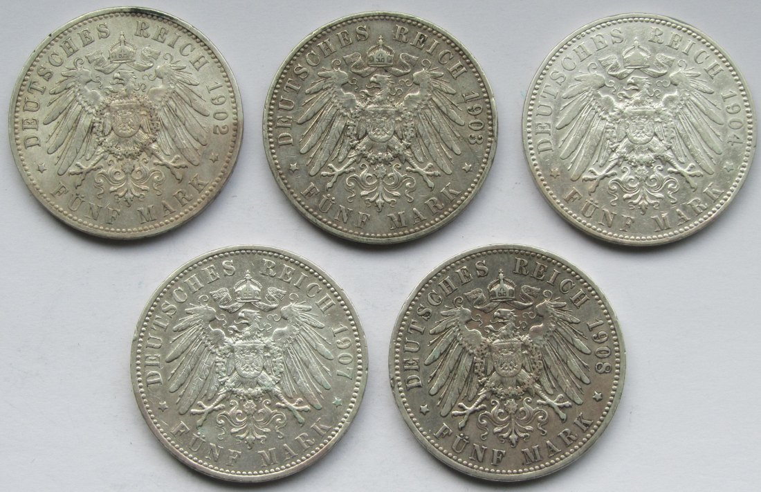  Kaiserreich: Preußen, 5 Mark Wilhelm II. (Jaeger 104), 5 Stück (1902 + 1903 + 1904 + 1907 + 1908)   