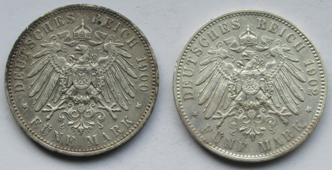  Kaiserreich: Sachsen, 5 Mark Albert (Jaeger 125), 2 Stück (1900 + 1902)   