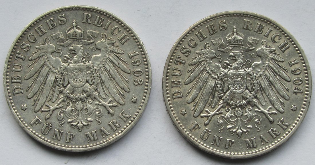  Kaiserreich: Sachsen, 5 Mark Georg (Jaeger 130), 2 Stück (1903 + 1904)   