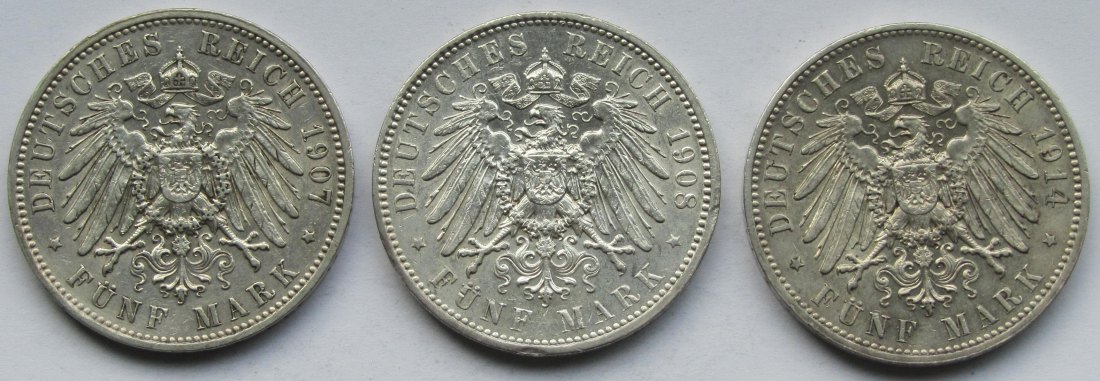  Kaiserreich: Sachsen, 5 Mark Friedrich August III. (Jaeger 136), 3 Stück (1907 + 1908 + 1914)   