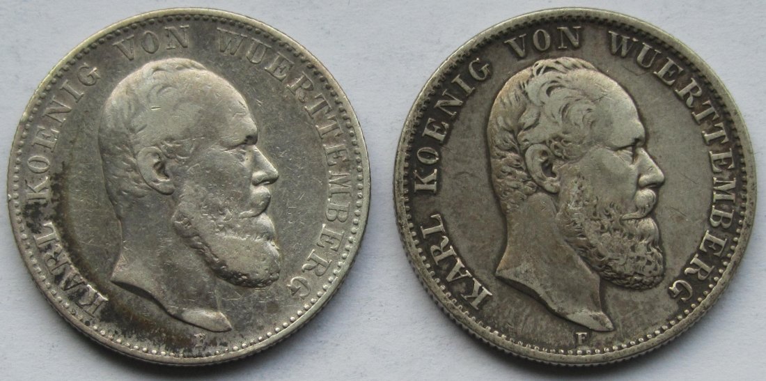  Kaiserreich: Württemberg, 2 Mark Karl (Jaeger 172), 2 Stück (1876 + 1877)   