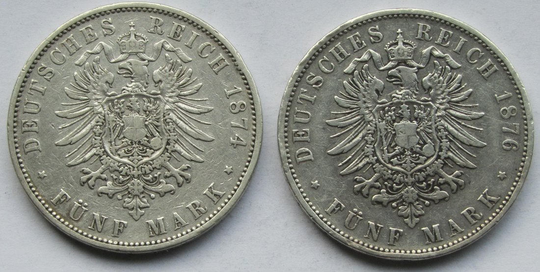  Kaiserreich: Württemberg, 5 Mark Karl (Jaeger 173), 2 Stück (1874 + 1876)   