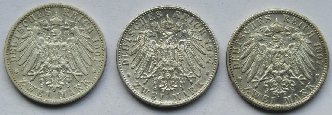  Kaiserreich: Württemberg, 2 Mark Wilhelm II. (Jaeger 174), 3 Stück (1901 + 1904 + 1907)   