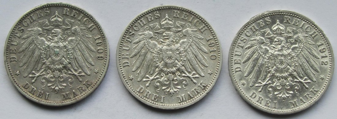  Kaiserreich: Württemberg, 3 Mark Wilhelm II. (Jaeger 175), 3 Stück (1909 + 1910 + 1912)   