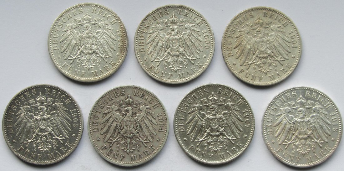  Kaiserreich: Württemberg, 5 Mark Wilhelm II. (Jaeger 176), 7 Stück   