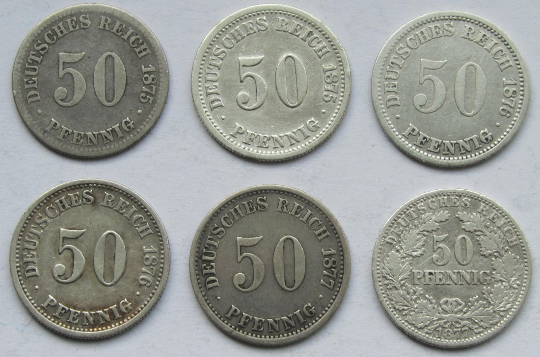  Kaiserreich: Sechs verschiedene 50 Pfennig   