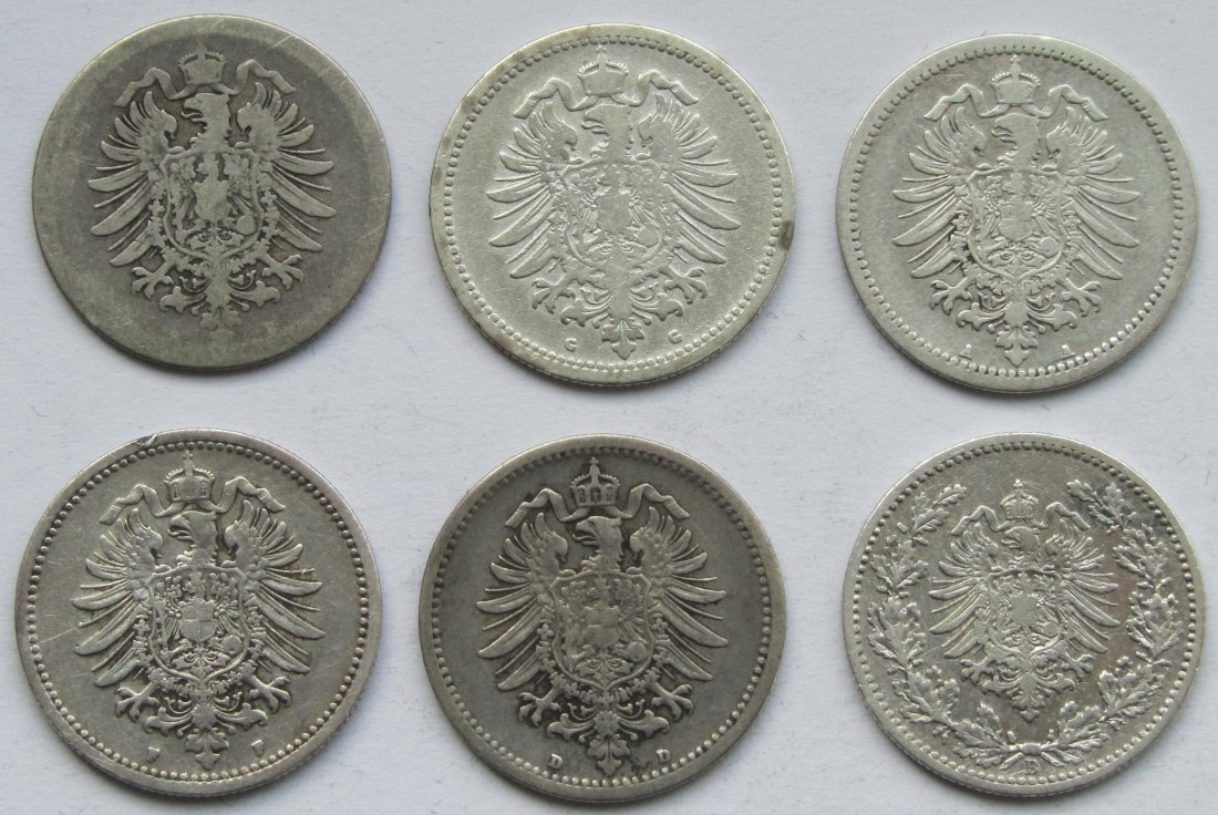  Kaiserreich: Sechs verschiedene 50 Pfennig   