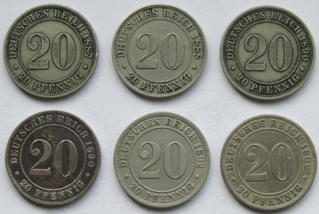  Kaiserreich: Sechs verschiedene 20 Pfennig   