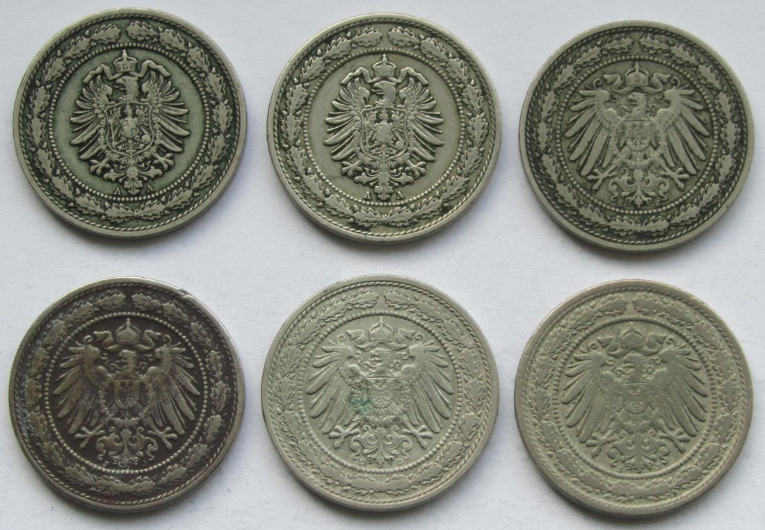  Kaiserreich: Sechs verschiedene 20 Pfennig   