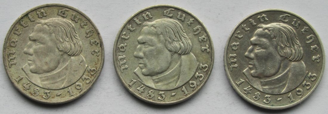  Deutsches Reich: 2 Mark Luther (Jaeger 352), 1933 A, 3 Stück   