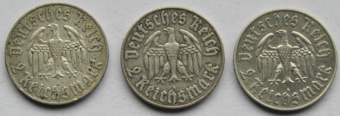  Deutsches Reich: 2 Mark Luther (Jaeger 352), 1933 A, 3 Stück   