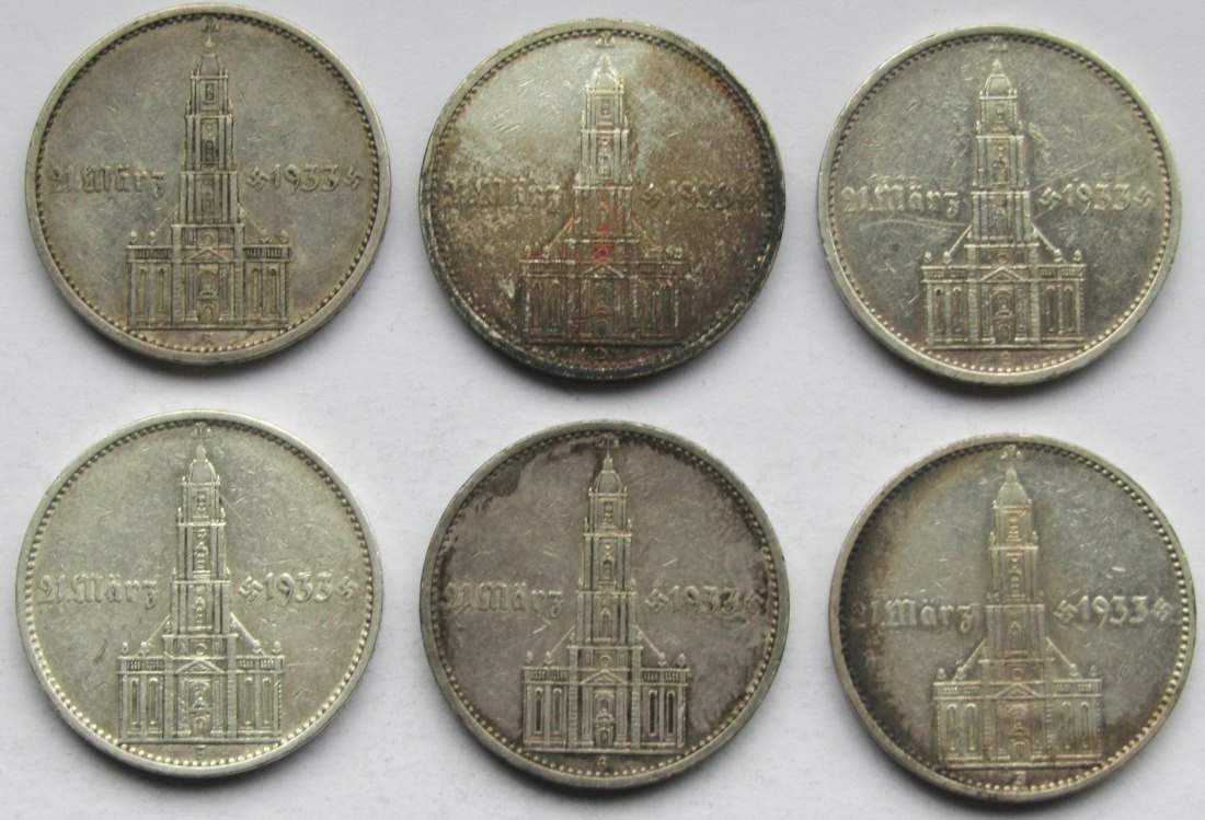  Deutsches Reich: 5 Mark Garnisonkirche mit Datum 1934, Komplettsatz   