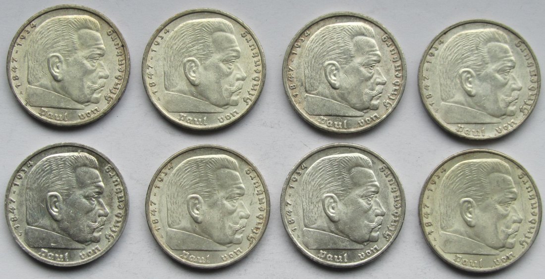  Deutsches Reich: 8 x 5 Mark Hindenburg in Top-Erhaltung, zusammen 100 g Feinsilber   