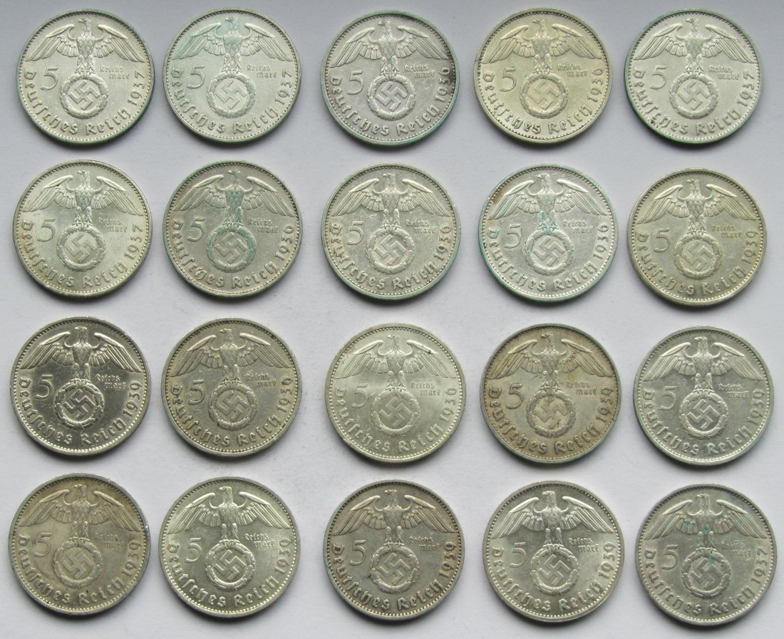  Deutsches Reich: 20 x 5 Mark Hindenburg, zusammen 250 g Feinsilber   