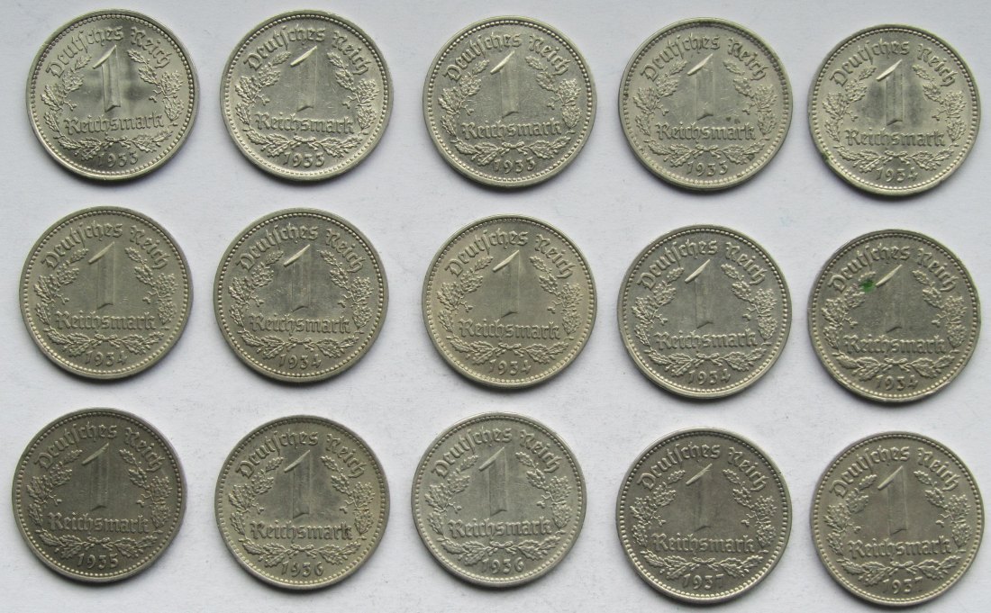  Deutsches Reich: 15 verschiedene 1 Mark Nickel   