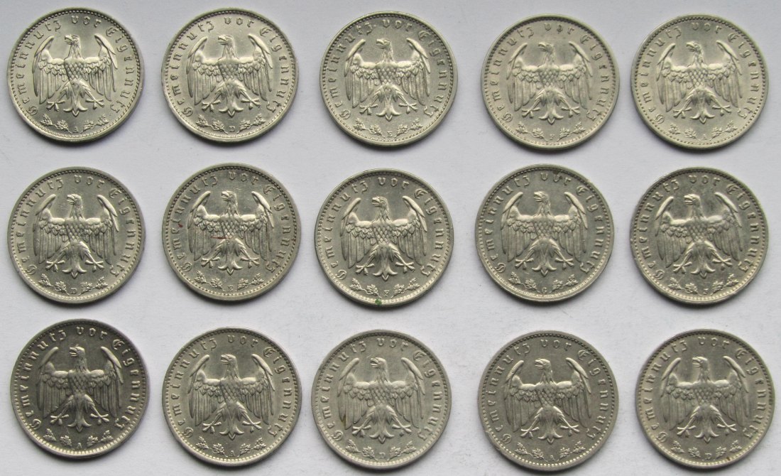  Deutsches Reich: 15 verschiedene 1 Mark Nickel   