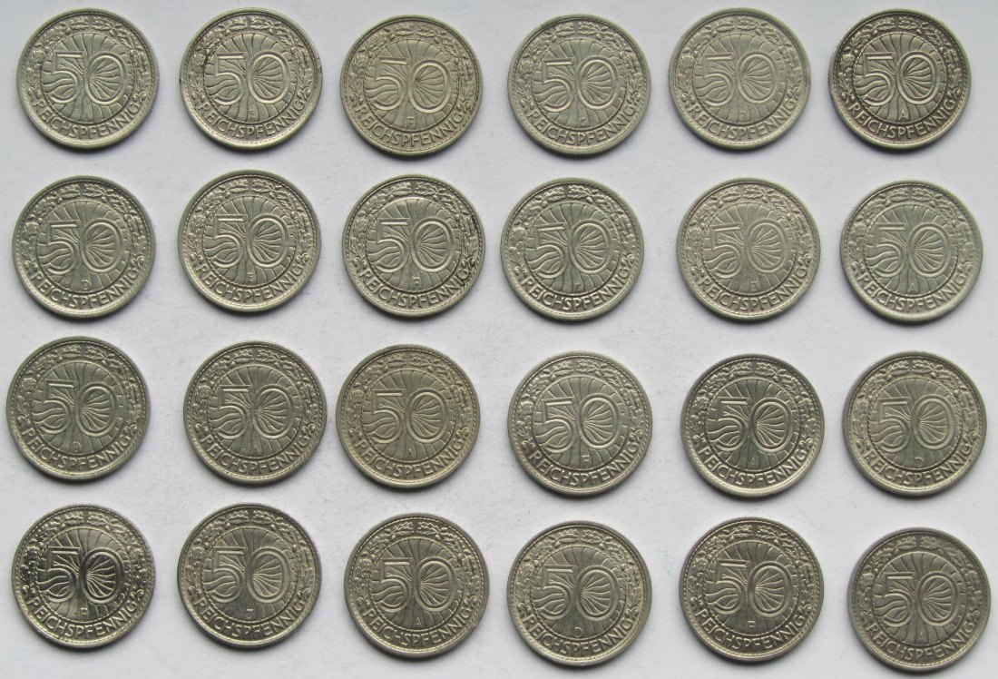  Deutsches Reich: 24 verschiedene 50 Pfennig Nickel   