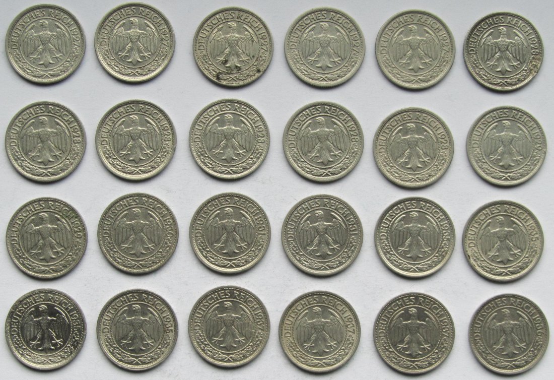  Deutsches Reich: 24 verschiedene 50 Pfennig Nickel   