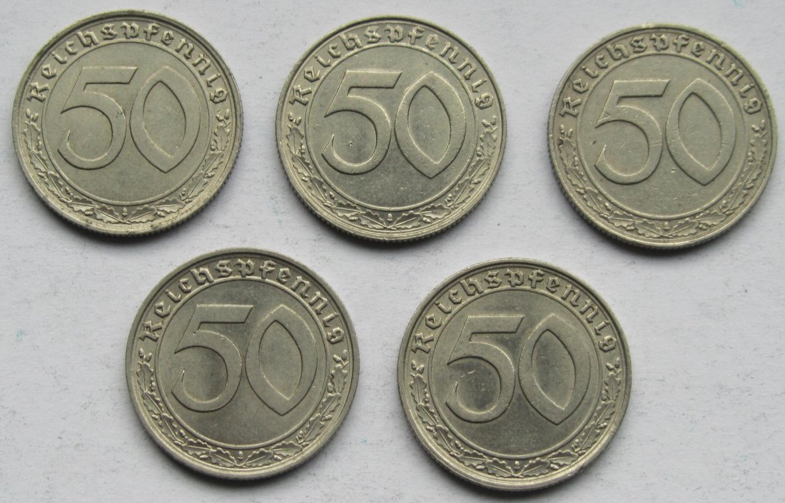  Deutsches Reich: 50 Pfennig 1939 A + B + D + F + J   