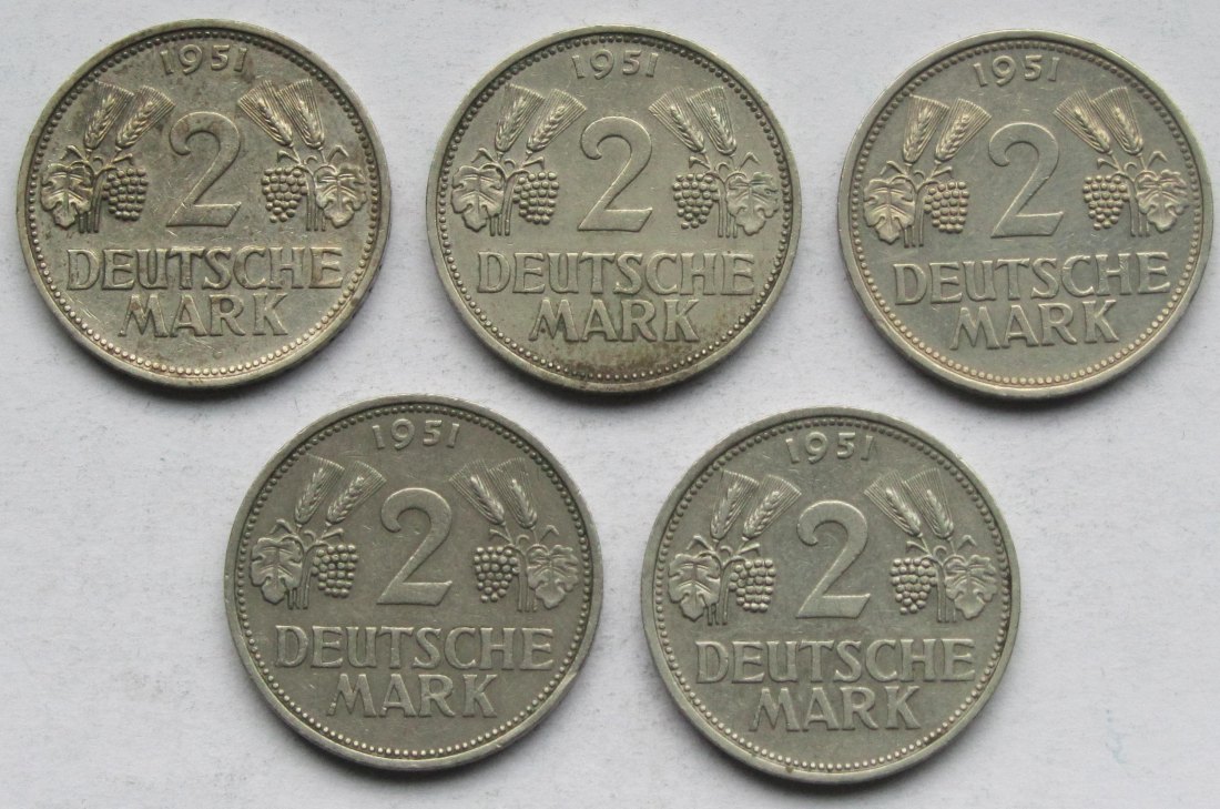  Deutschland: 5 x 2 DM Weintraube 1951, alle F   