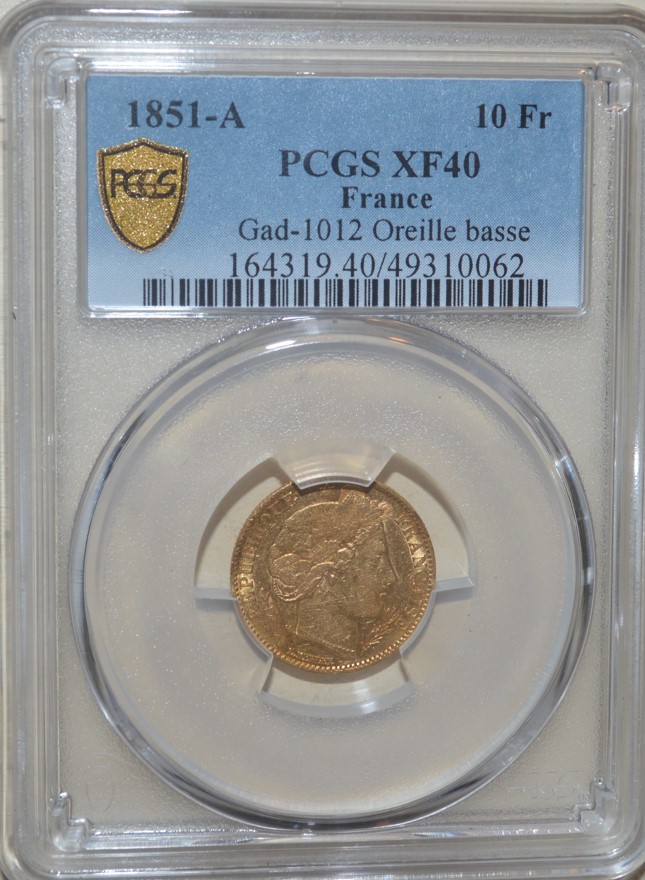  -kirofa - FRANKREICH 10 GOLD FRANCS-  CERES OREILLE BASSE 1851 A - GOLD 2.90 gr - PCGS XF40   