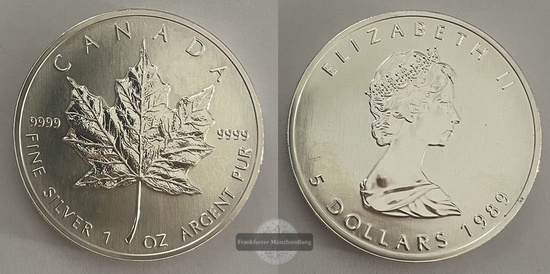  Kanada.  5 Dollar 1989  Maple Leaf   FM-Frankfurt    Feinsilber: 31,1g   