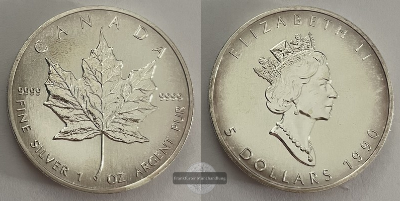  Kanada.  5 Dollar 1990  Maple Leaf   FM-Frankfurt    Feinsilber: 31,1g   