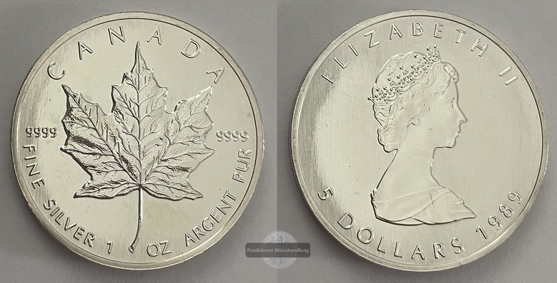  Kanada.  5 Dollar 1989  Maple Leaf   FM-Frankfurt    Feinsilber: 31,1g   