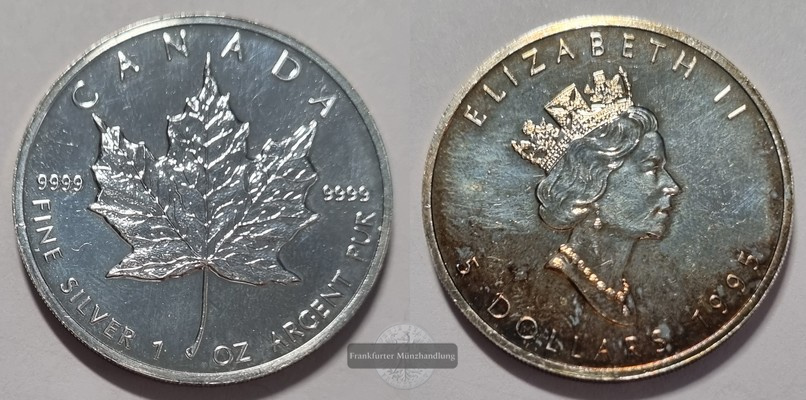  Kanada.  5 Dollar 1995  Maple Leaf   FM-Frankfurt    Feinsilber: 31,1g   