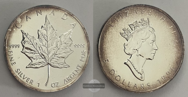  Kanada.  5 Dollar 1996  Maple Leaf   FM-Frankfurt    Feinsilber: 31,1g   