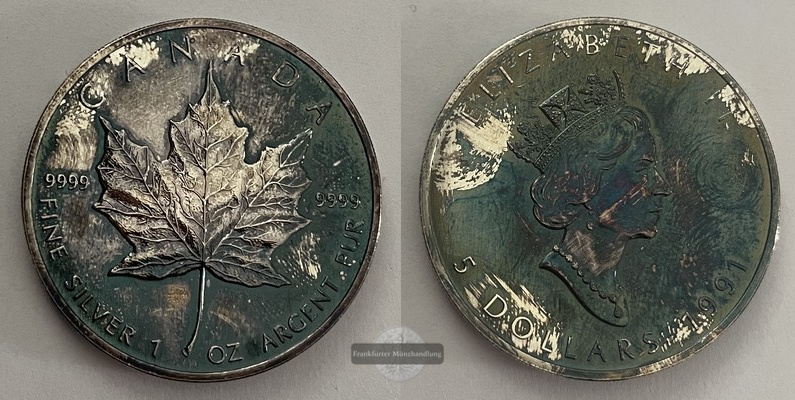  Kanada.  5 Dollar 1991  Maple Leaf   FM-Frankfurt    Feinsilber: 31,1g   