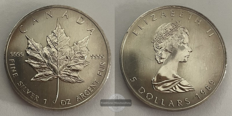  Kanada.  5 Dollar 1989  Maple Leaf   FM-Frankfurt    Feinsilber: 31,1g   