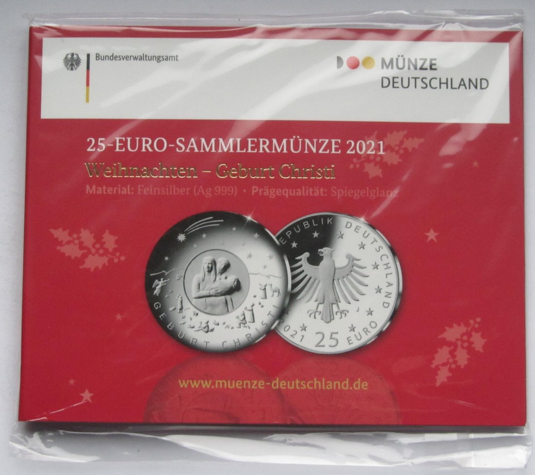  Deutschland: 25 Euro Geburt Christi 2021 J, Spiegelglanz/PP   