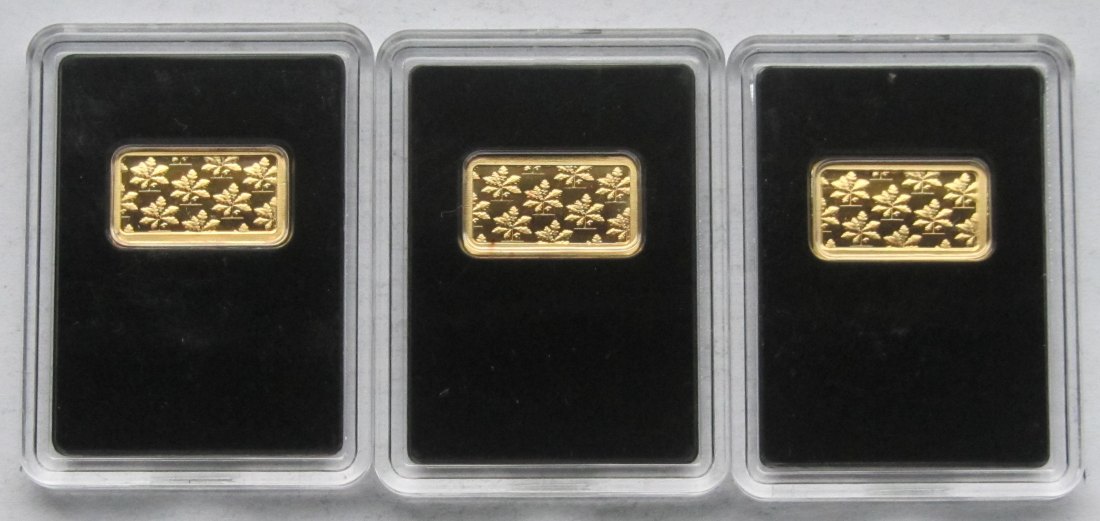  3 x 1 g Goldbarren der Münze Berlin, zusammen 3 g Feingold   