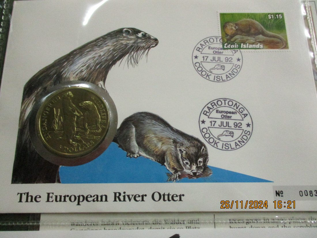  5 Dollars Cook Islands 1991 Numisbrief Fischotter Gefährdete Tierwelt mit Briefmarken   